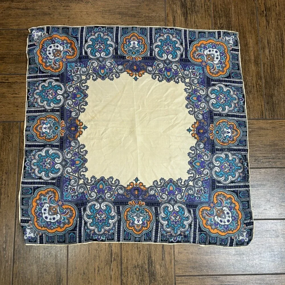 Vintage 100% Silk Colorful Edge Oversized Foulard Paisley Hand Rolled Scarf
